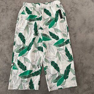 NWT Tahari 100% Linen Pull On Wide Leg Pants XL Tropical Vacation White Green
